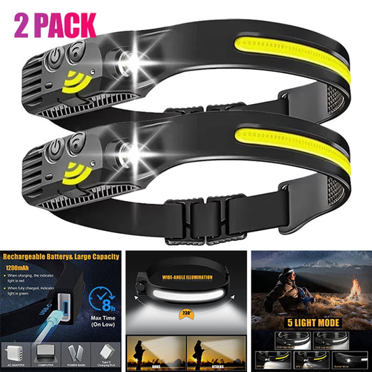 LED Head Torch Rechargeable Waterproof COB Headlamp Motion Sensor Headlight Work Light